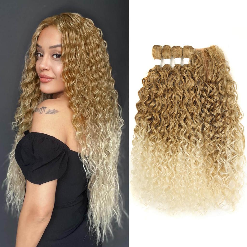 Synthetic Kinky Curly Deep Wave Hair Bundles 4PCS With Lace Closure 22-24 Inch 260g High Temperature Fiber Hair Extensions Weave