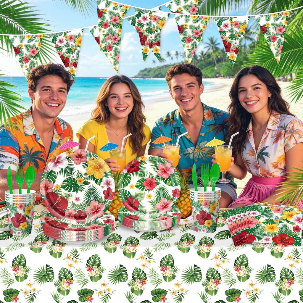 Hawaiian Leaf Summer Party Paper Plates, Napkins, Flags & Hanging Swirls Tableware Set