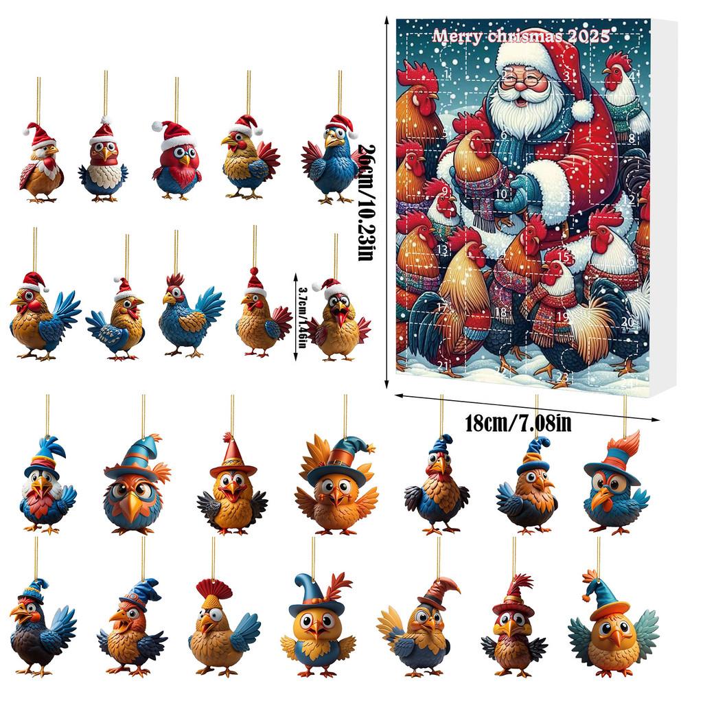 Weihnachts-Adventskalender mit 24 Acryl-Hahn-Dekorationen für die Feiertage