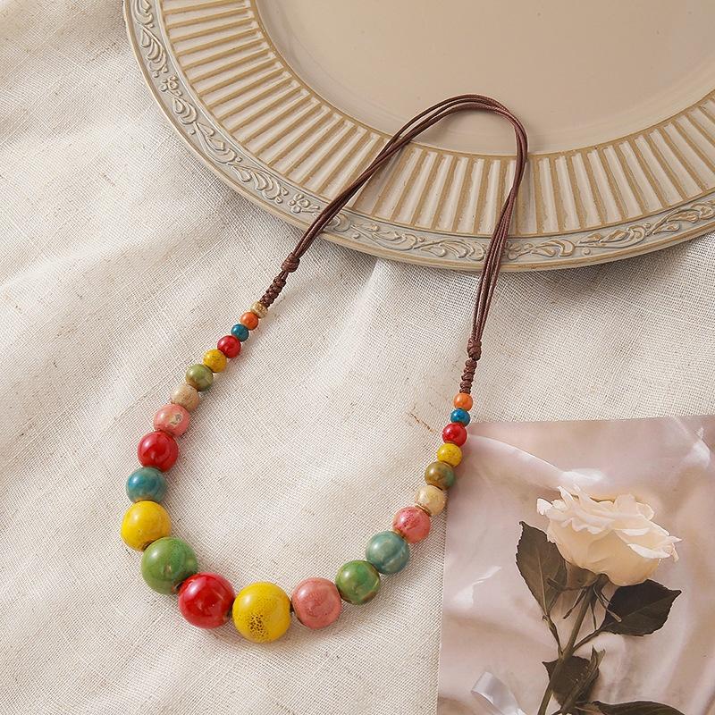 Big Vintage Ceramic Beaded Necklace For Women Handmade Long Adjustable Boho Ethnic Style Jewelry