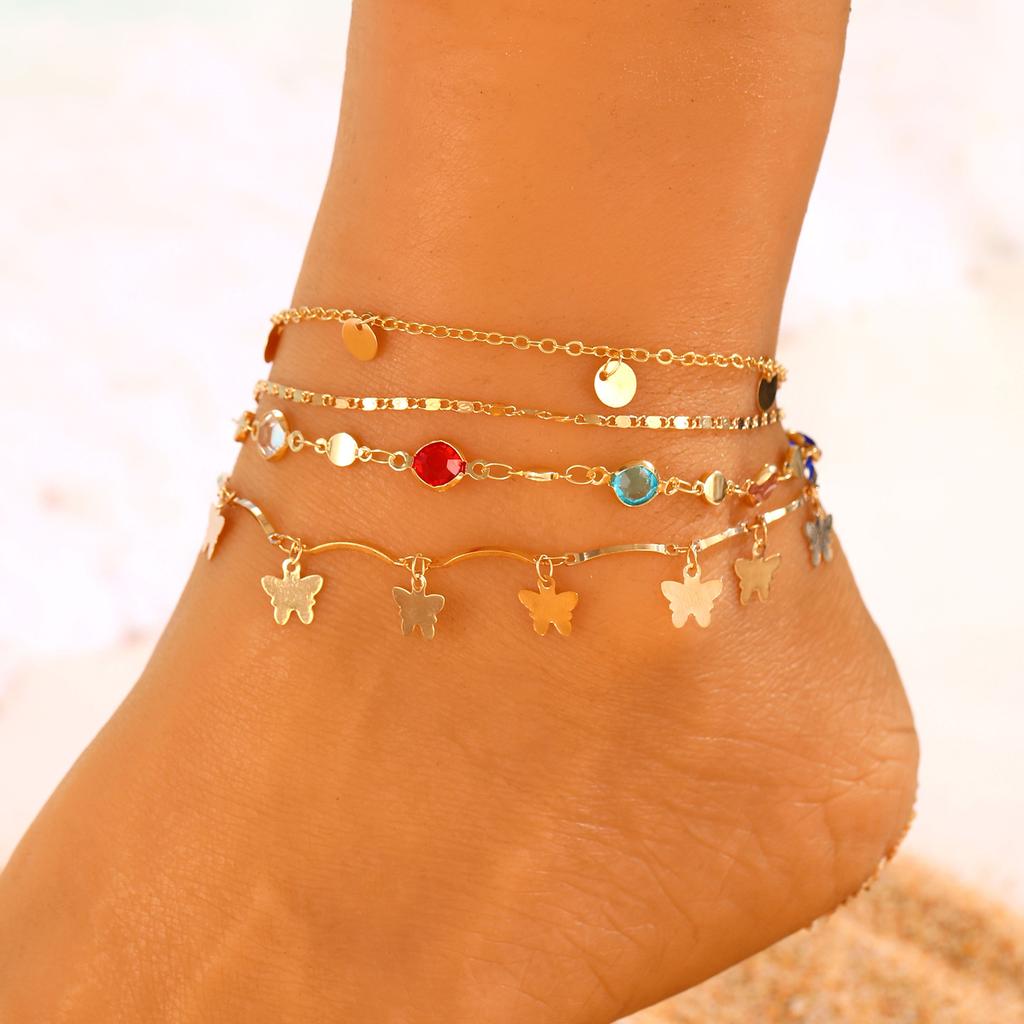 3pcs Set Simple Gold Color Evil Eye Anklets Set for Women Colorful Heart-crystal Chain Multi Layer Anklet Bohemian Beach Jewelry