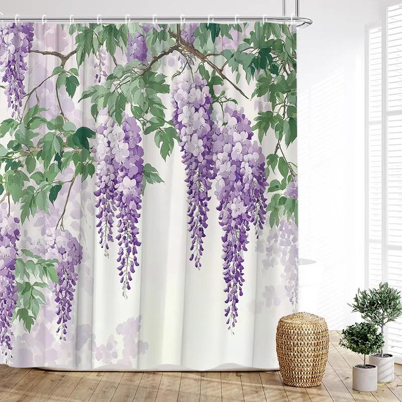 Liane Floral Shower Curtain Pink Floral Country Plant Polyester Fabric Bathroom Curtain Hook for Home Decoration