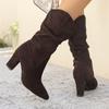 New Pointed Toe Pleated Boots for Women Winter Chunky Heels Flock Folding Knee High Boots Party Comfy Women Shoes Big Size 42