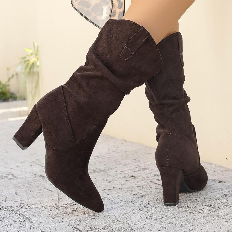 New Pointed Toe Pleated Boots for Women Winter Chunky Heels Flock Folding Knee High Boots Party Comfy Women Shoes Big Size 42