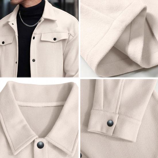 Men Jacket Woolen Lapel Design Long Sleeve Solid Color Coat with Flap Pockets Design