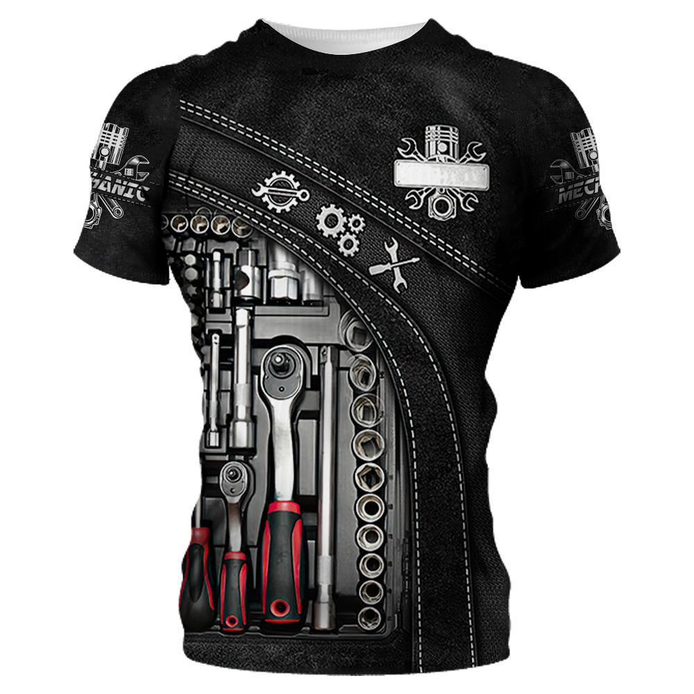 Summer Digital Mechanical Tool Printed Men's Short Sleeved T-shirt Men's Round Neck Loose T-shirt