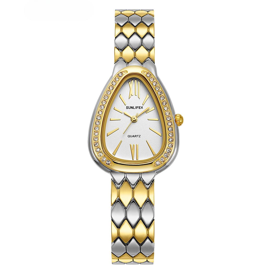 Fashionable and Personalized Snake-shaped Watch Set with Diamonds Gold Female Color Small Dial Quartz Watch