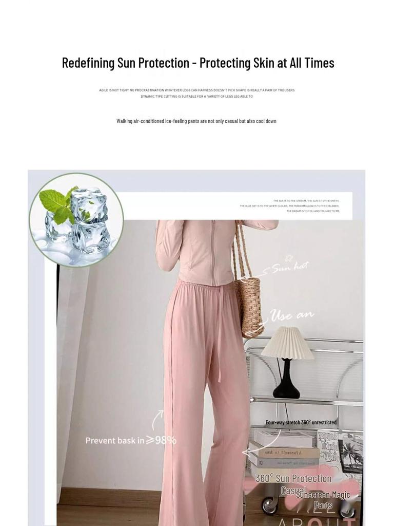 Women's High Waist Pink Ice Silk Sun Protection Flare Pants - Summer 2025 Slimming Casual Trousers