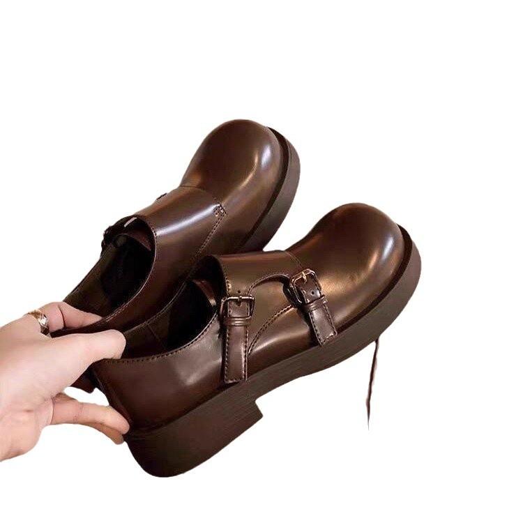 Grape mother studiolee double buckle with round head one pedal ugly cute versatile retro British style big head leather shoes women