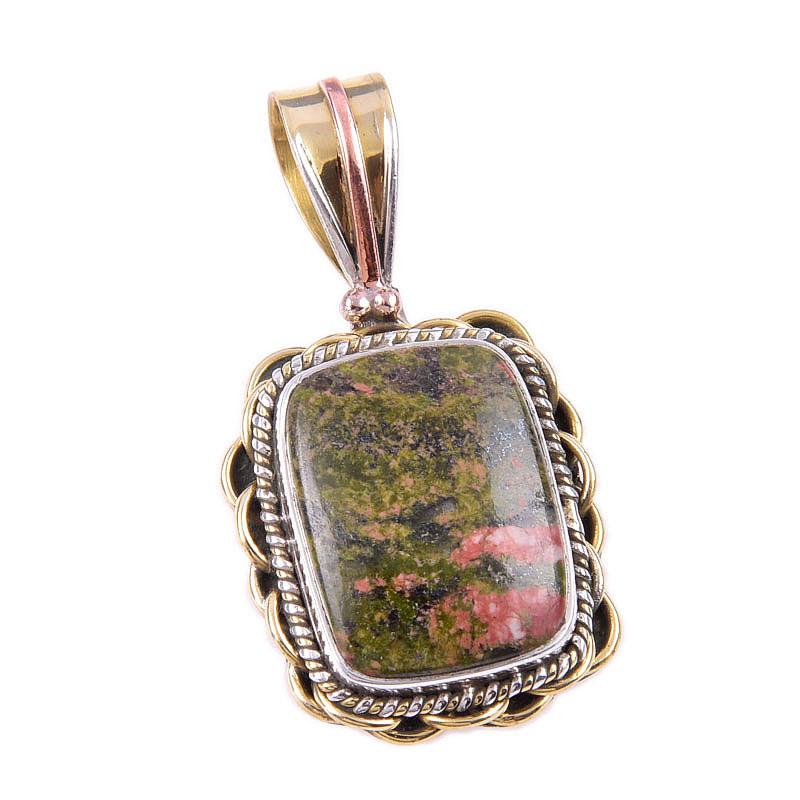 Anhänger aus natürlichem Unakit-Edelstein, 925er Sterlingsilber, zweifarbig, 3,8 cm, N0L68