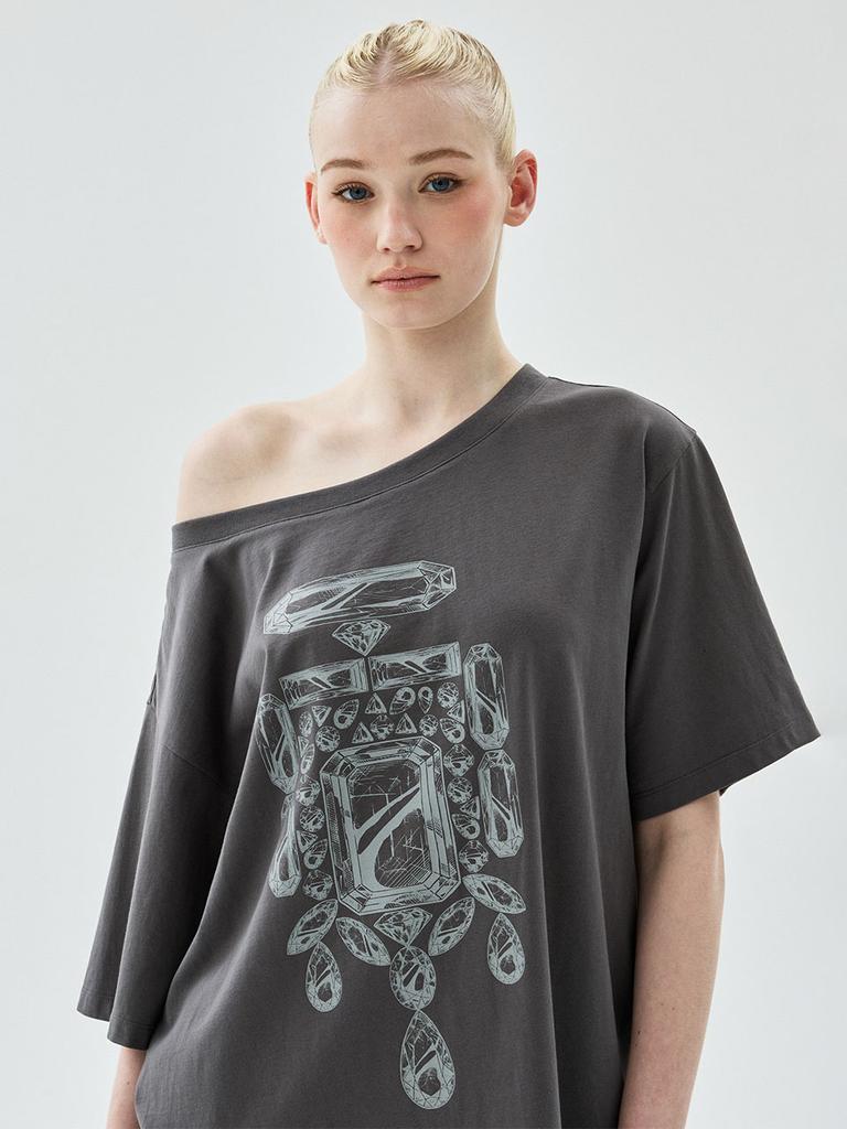 [mardimercredi] Oversized T-shirt Off Shoulder Bijou Charcoal Grey