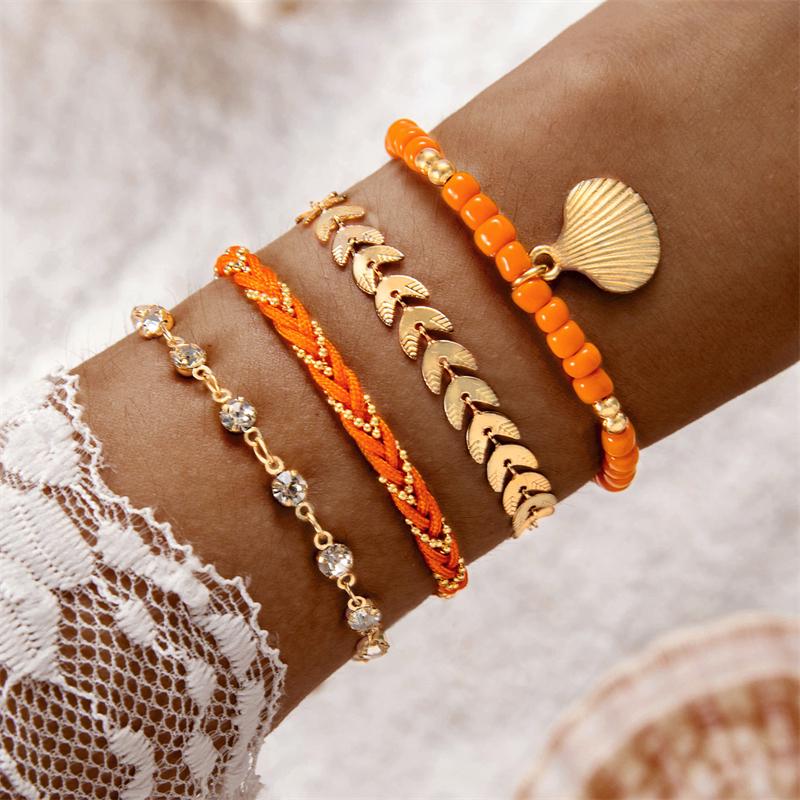 4pcs/set Bohemia Shell Bracelets for Women Ethnic Style Colorful Zircon Rice Beads Metal Chain Bangles Girl Summer Beach Zircon