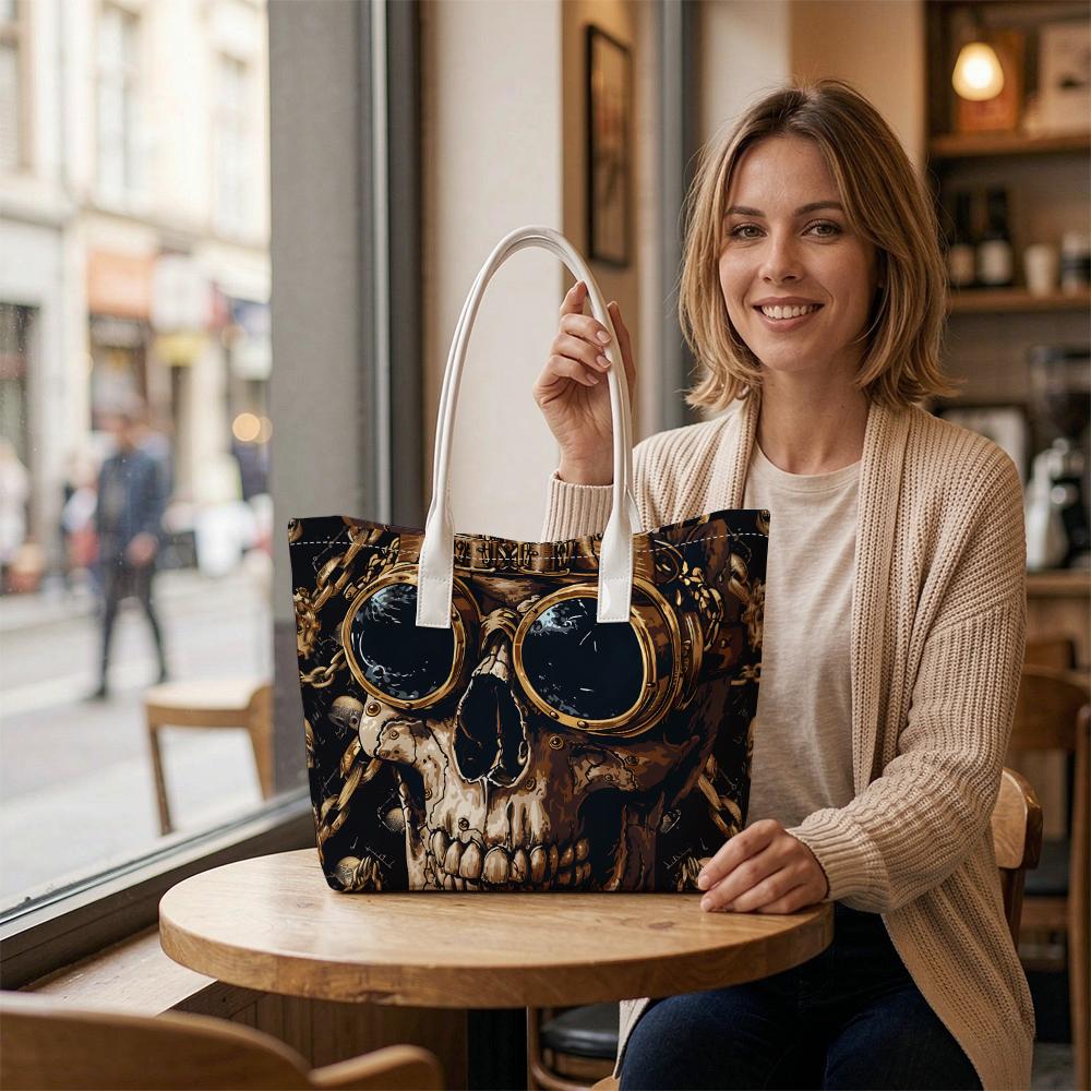 Steampunk Skull Print Tote Bag Stylish Casual Daily Use Shoulder Bag for Streetwear