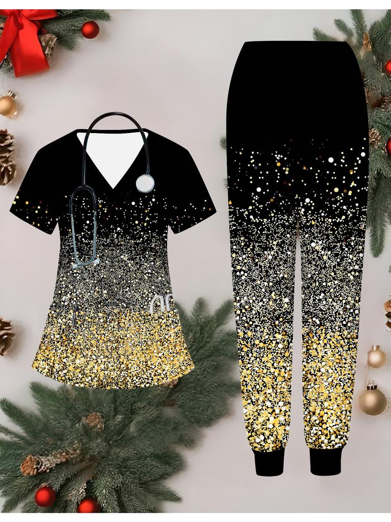 3D Leopard Print Printed Women's Nurse Uniform Set Short Sleeve Long Pants with Pocket Casual Fashionable Christmas Gift