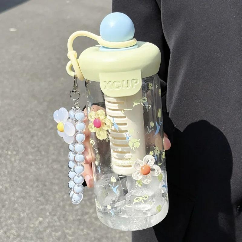 

Cute Bow Flower Tea Glasses With Straw Bottle Cold Coffee Cups Women Glass Tumbler Juice Milk Tea Water Separation Drinkware Cup 701-800ml синий