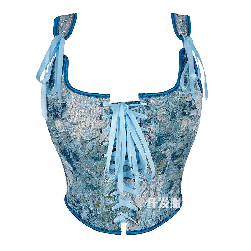 French Jacquard Palace Style Front Opening Strappy Boned Corset Shapewear Bustier