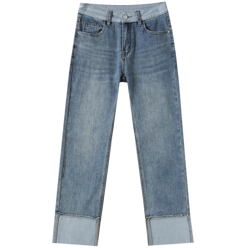Women's Autumn Patchwork Ripped Straight-Leg Jeans - Cropped, Loose Fit Cigarette Pants