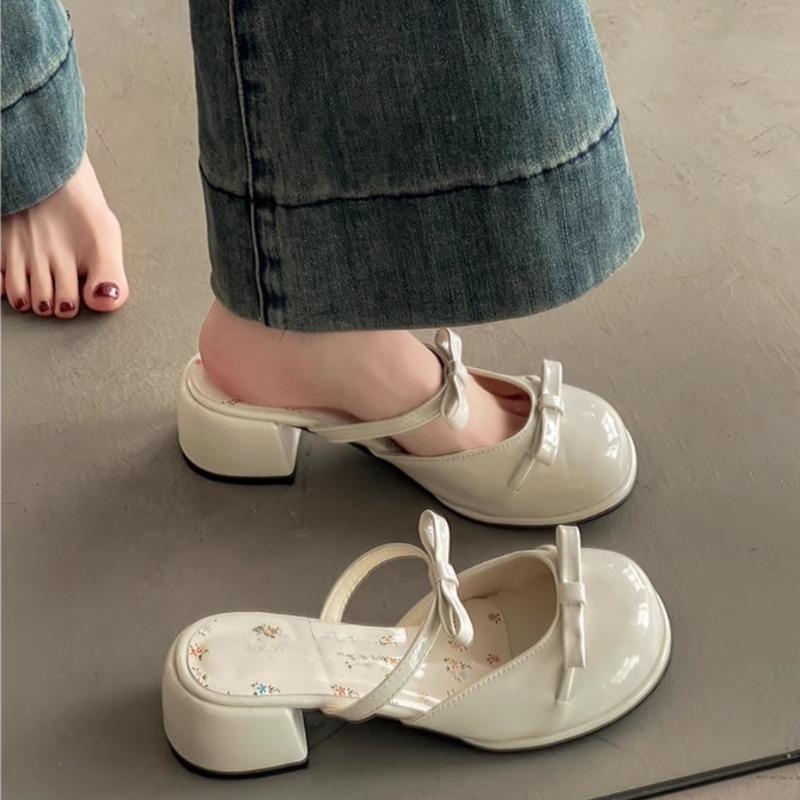 Small Floral Baotou Slippers for Summer Wear New Round Toe Shallow Mouth Bow with Skirt Block Heel High Heel Sandals