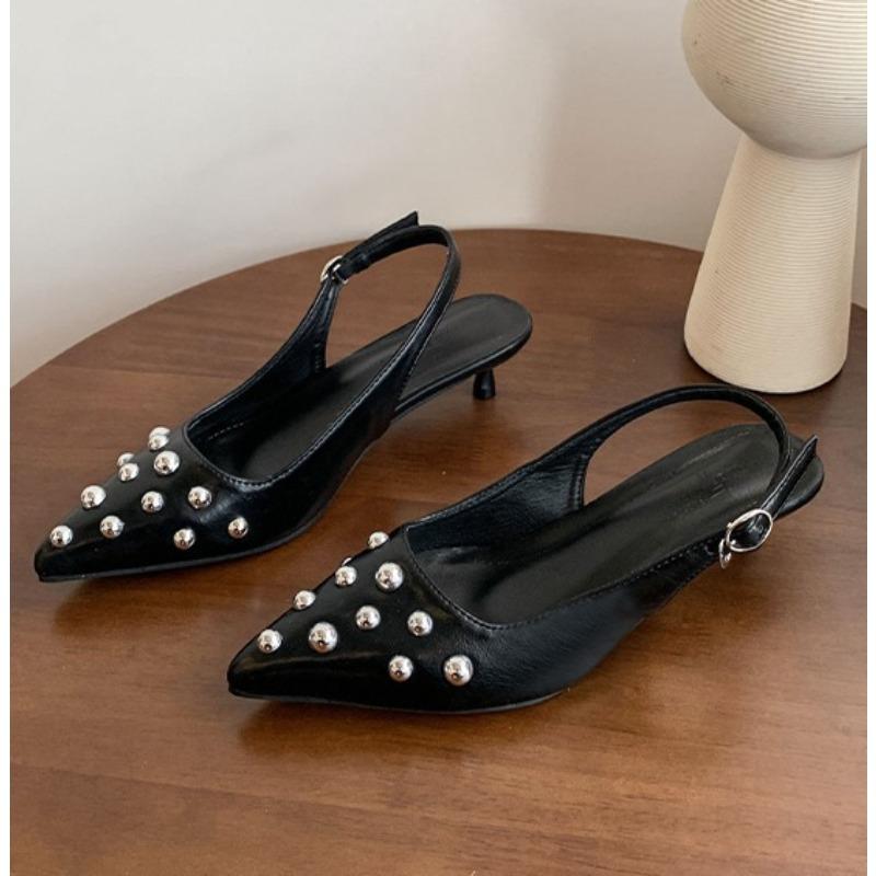 

2025 Women s High Heels Pointed Toe Cover Toe Side Cutout Women Heels Solid Studs Thin Heels Leisure Dress Sandalias De Mujer 42 чёрный