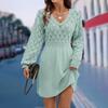 Women's Casual V-neck Hollow-out Scale Texture Solid-color Long-sleeve Sweater Dress