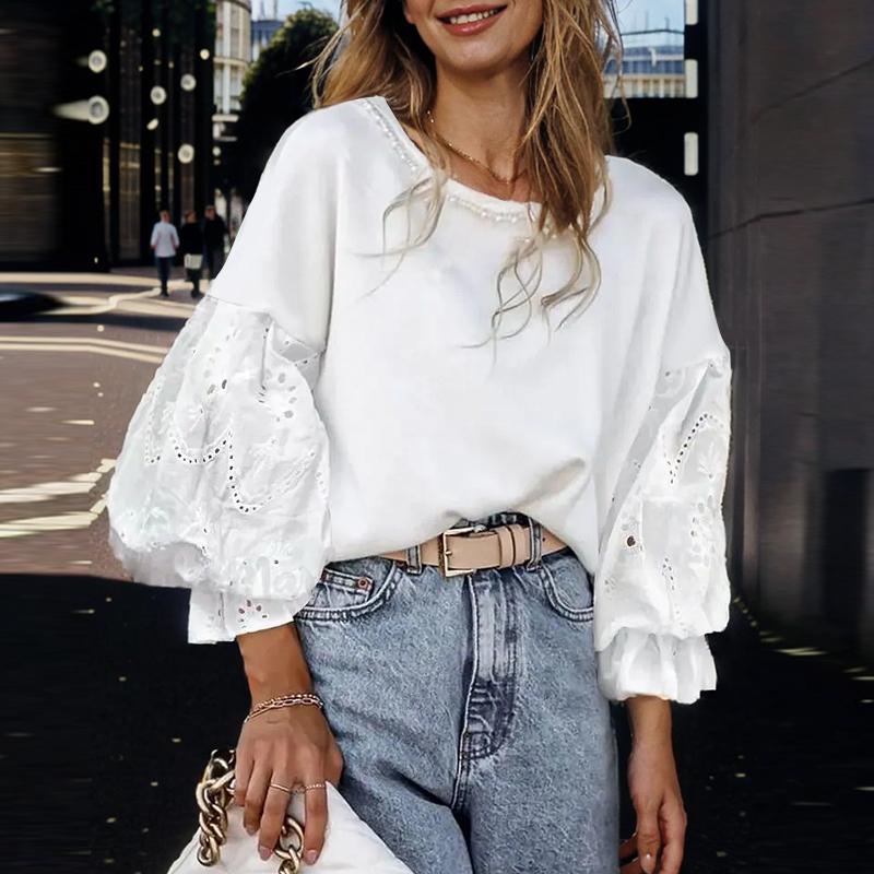 

ZANZEA Женские винтажные толстовки с круглым вырезом и кружевом с длинным рукавом XL белый