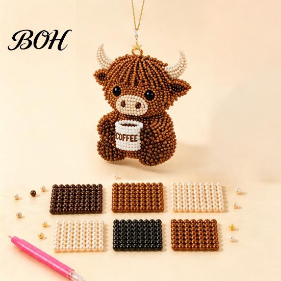 Stress Relief Craft DIY Highland Cow Beading Kit, Cute 3D Bead Pendant Handmade Ornaments with Colorful Beads And Instructions, Beadwork Kit