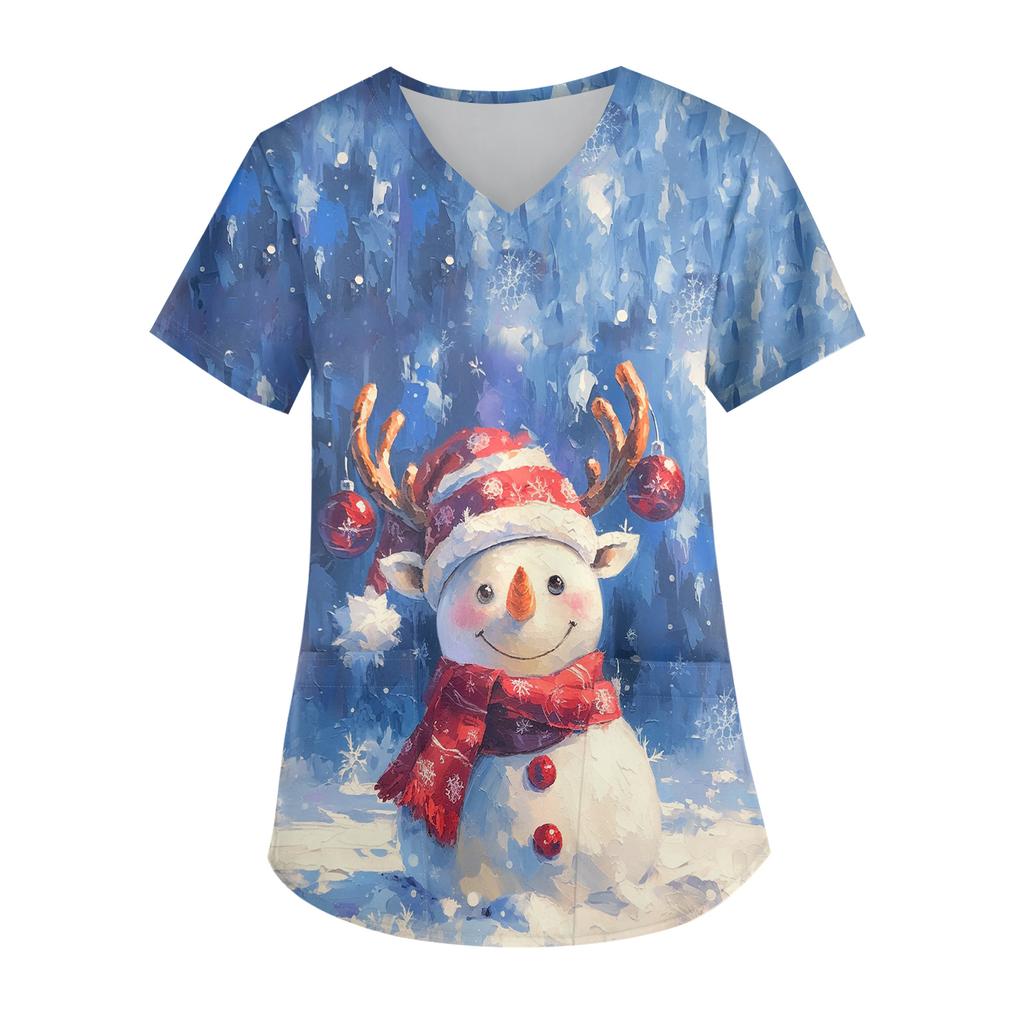 Ladies' Christmas Printed Fashionable V-neck Pocket Short Sleeved Uniform And Caregiver Top