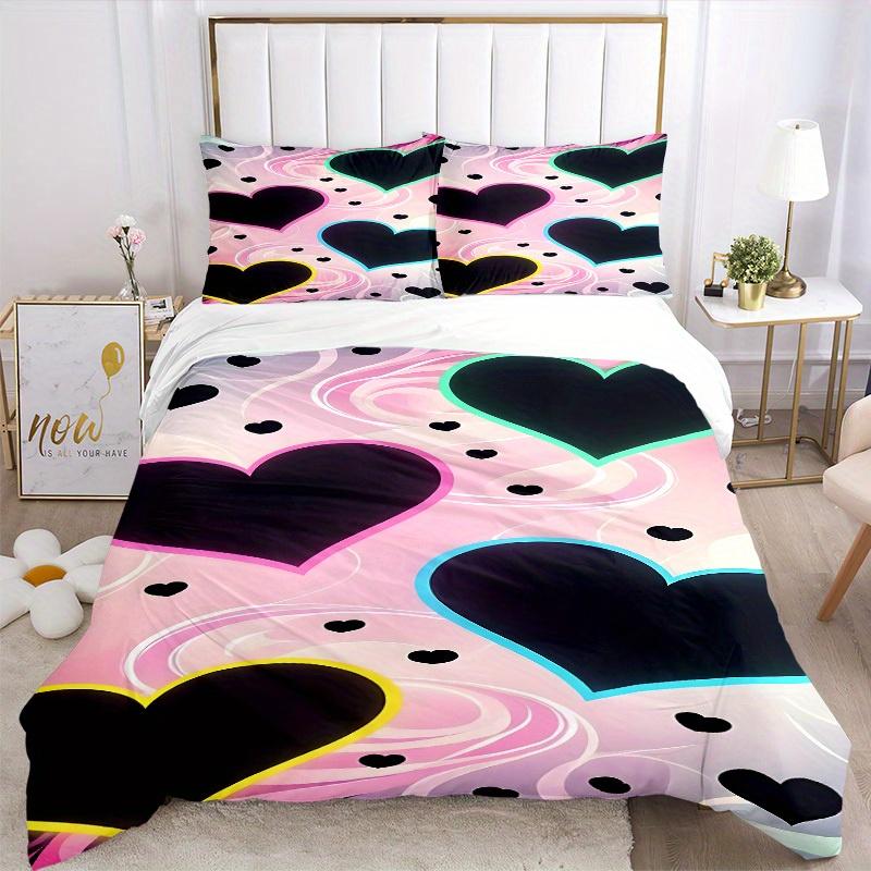 3Pcs Neon Hearts Printed Bedding Set, Breathable And Soft, Machine Washable, Christmas Gift, Suitable for Bedroom Decoration, 15171