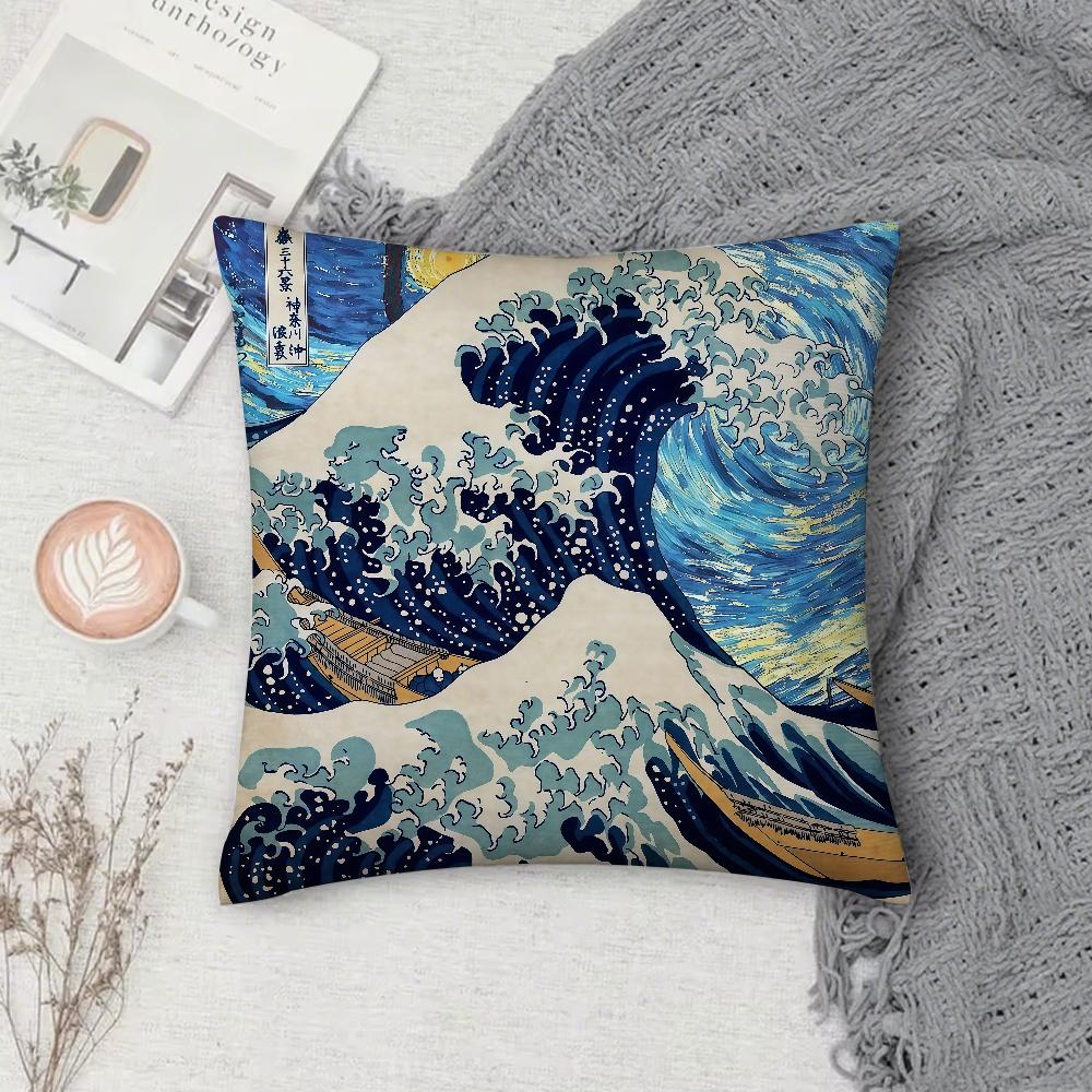 Art The Great Wave Off Kanagawa Pillow Case Square DoubleSided Printing Sofa Cushion Cover Pillowcase Bedroom Bedside