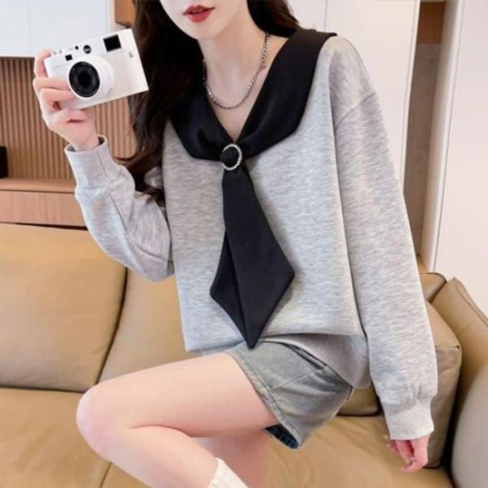 NaVaVa Women Color Block Scarf V Neck Long sleeVe Sweatshirt Nt3181