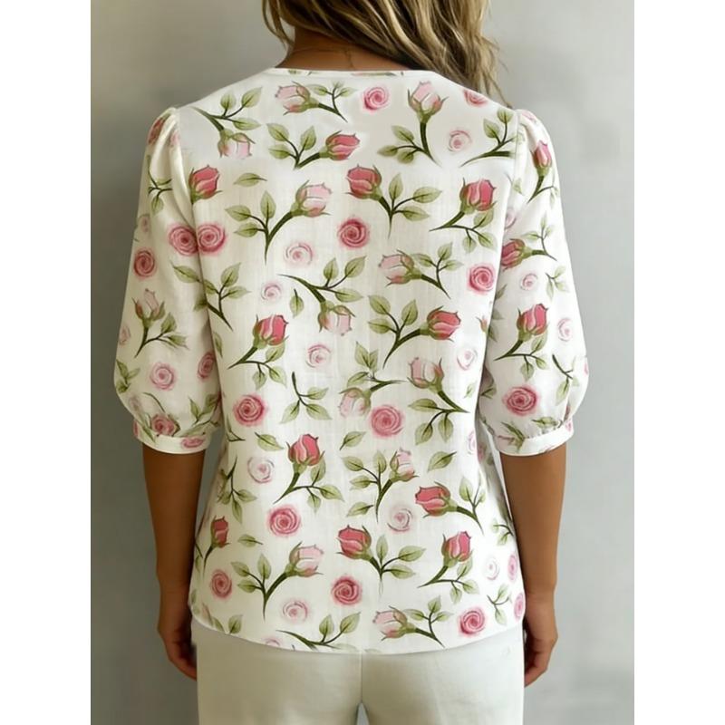 Women Floral Print Loose Peter Pan Collar Button Down Shirt