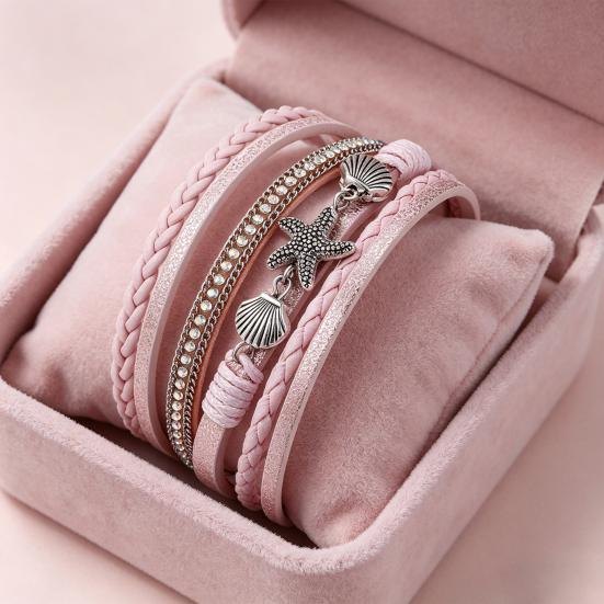Damen geflochtenes Armband mehrlagig böhmisch Kunstlederseil Seestern Muschel Dekor Sicheres Verschluss Armband Handgelenk Accessoire