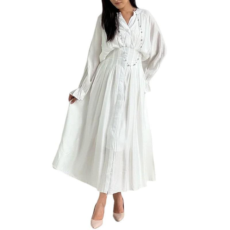 Women Elegant Solid Color High Waist Button Long Maxi Dress