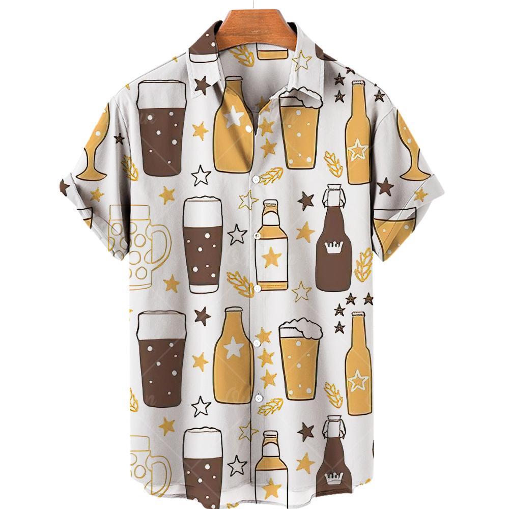 Hawaiian Beach Harajuku Shirts For Men 3D Print Beer Short Sleeve Tees Summer Vacation Style Single-Breasted Tops Lapel