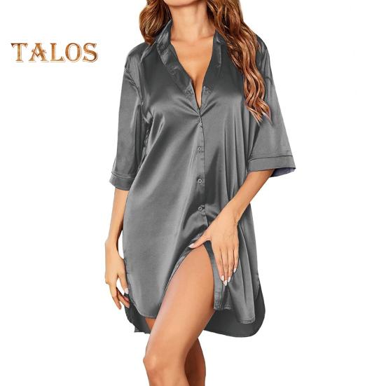 Damen Sommer Nachthemd Halbarm Hemdtyp Revers Einreihig Locker Einfarbig Satin Locker Geteilter Saum Homewear Schlafkleid Nachtwäsche