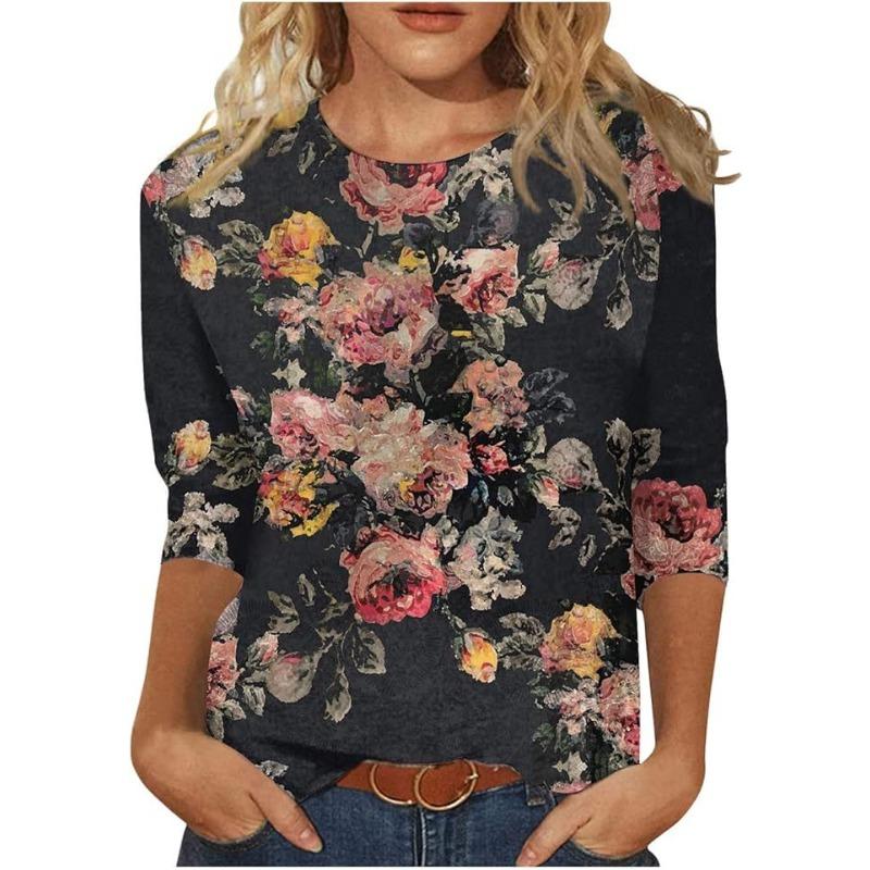 Fashionable Women's Flower Print Short Sleeves Simple Top Soft Top T-Shirts Women’s