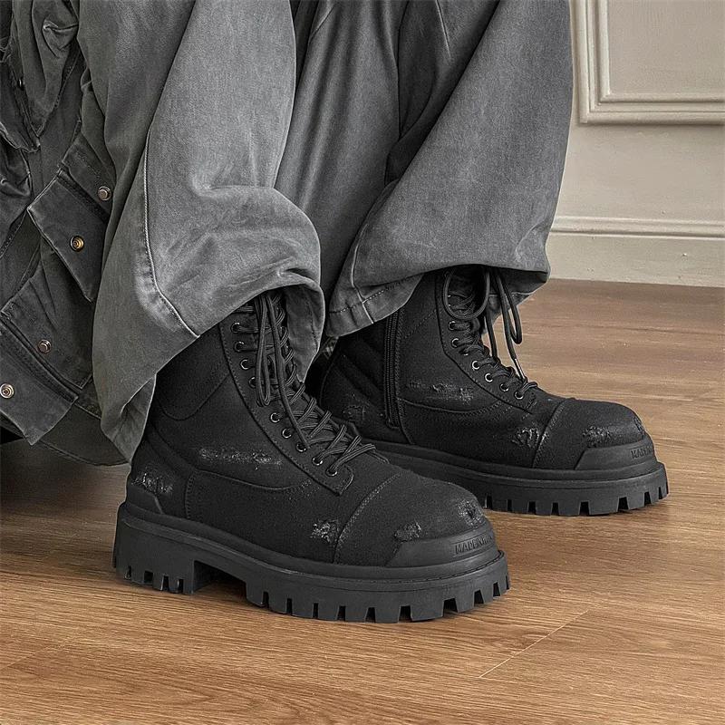 Autumn Winter High-top Motorcycle Boots for Men Lace-up Do-the-old Thick Bottom Short Ankle Boots with Zipper Man Black Boots