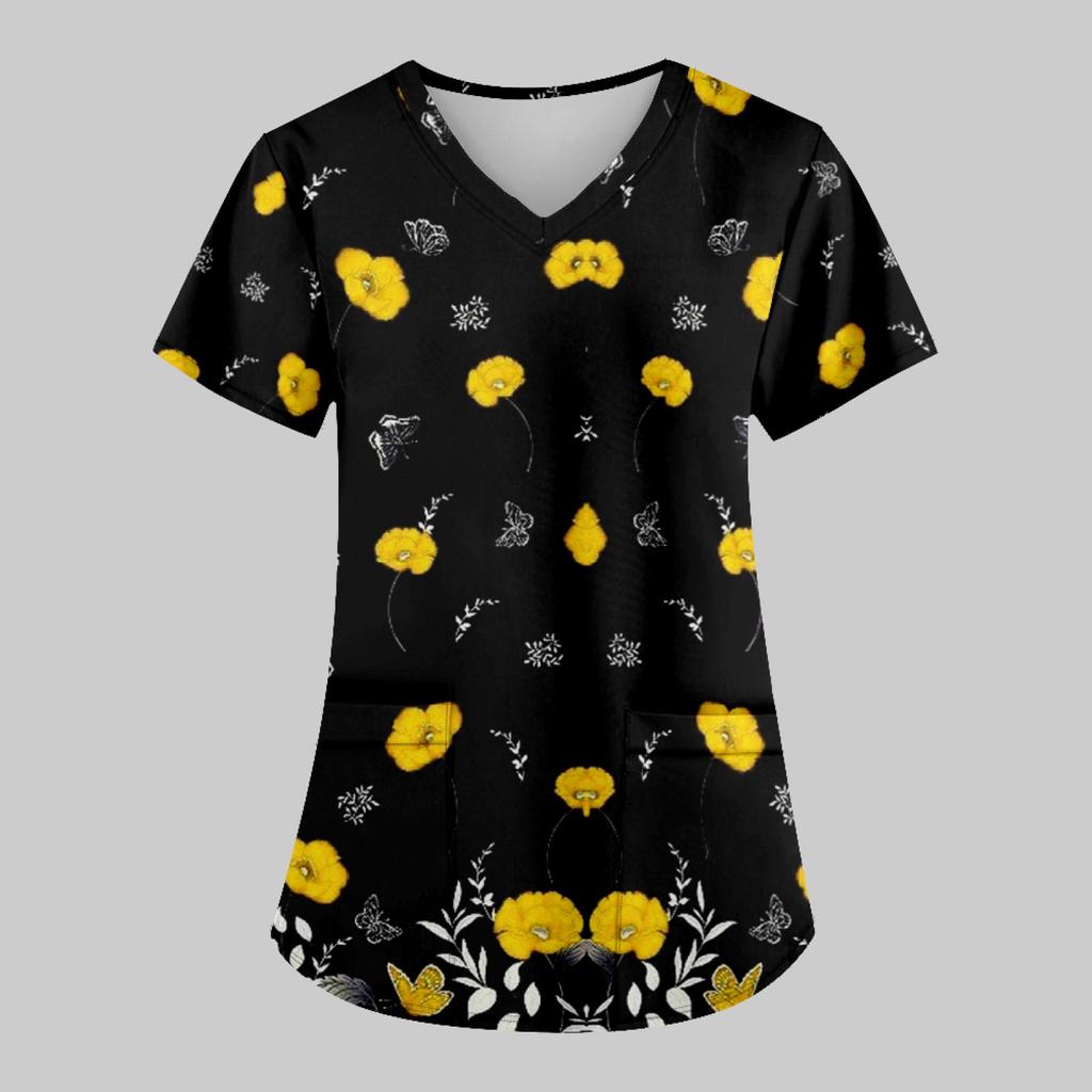 Women's Fashion Printed Work Uniform With Pocket T-Shirt Short Sleeve Top