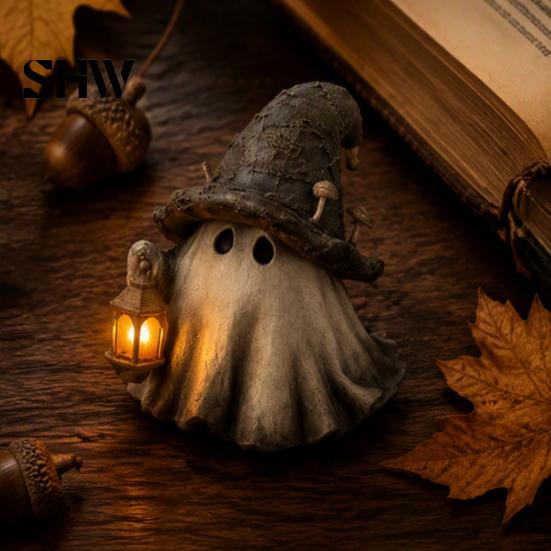 Handgefertigte Harz-Schreibtischdekoration Halloween Geist Zaubererhut Figur mit LED-beleuchteter Laterne, Vintage Dekorative Hexenstatue für Herbst-Tischplatte Kaminsims