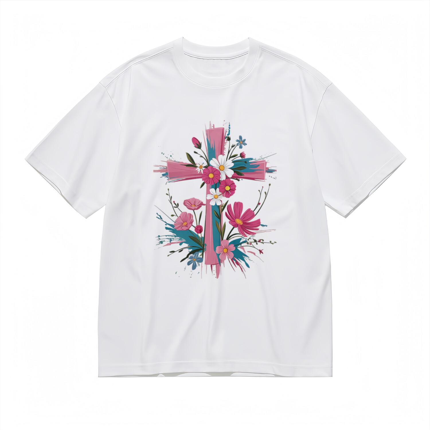 Trend Soft Comfy Classic T-Shirt Colorful Cross Floral Cotton Tee M