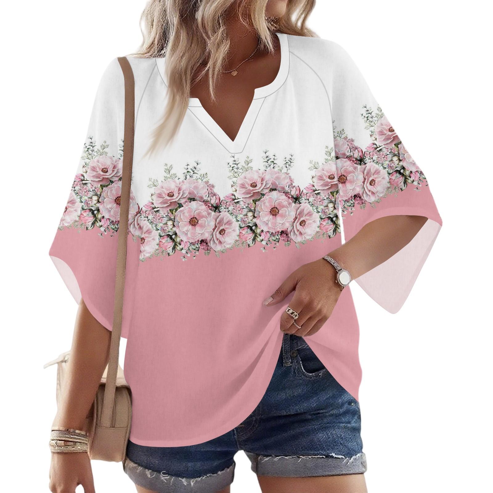 

Женская блузка с рукавом 3/4, V-образным вырезом и цветочным принтом, повседневная, свободная туника XXL чёрный