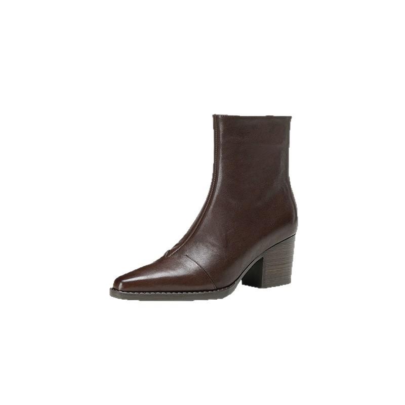 Premium Retro Brown Thick Heel Pointed Short Boots Women's 2025 Autumn and Winter Side Zipper Splicing Genuine Leather Chelsea Boots