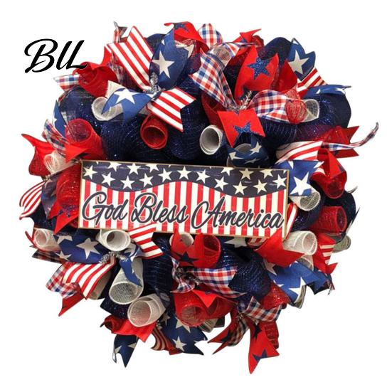 Summer Party Decoration Patriotic Wreath for Front Door Handmade 4th of July Hanger Red White Blue American Wooden Hanging Plaque Wall Porch Memorial