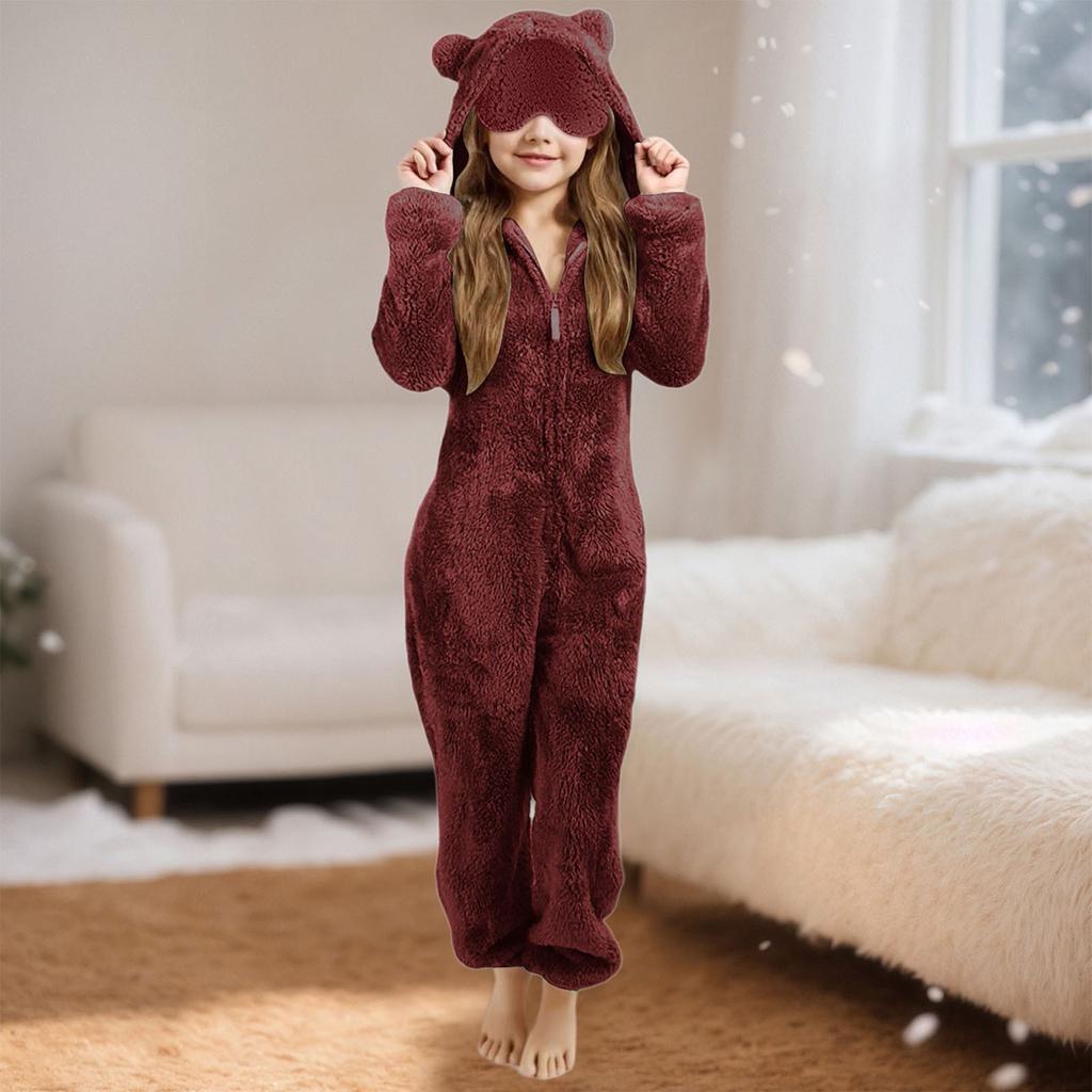 Children's Fashion Solid Colour Autumn/Winter Plush Hooded Onesie Loungewear Pyjamas With Eye Mask