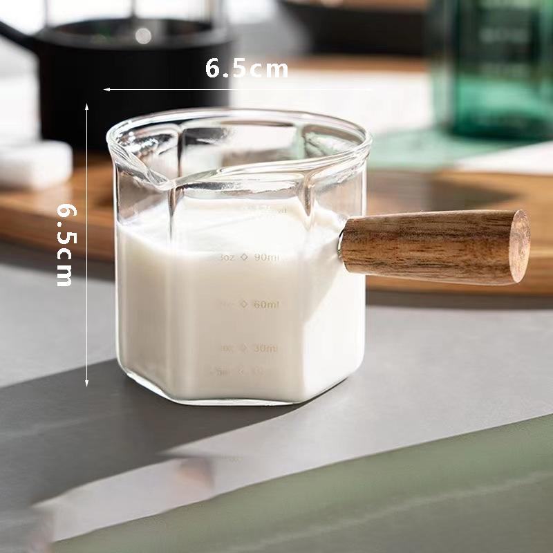 120ml Hitzebeständiges Glas Espresso Messbecher mit Skala Einzelmund Milchkännchen mit Holzgriff Latte Kaffee Mischbecher