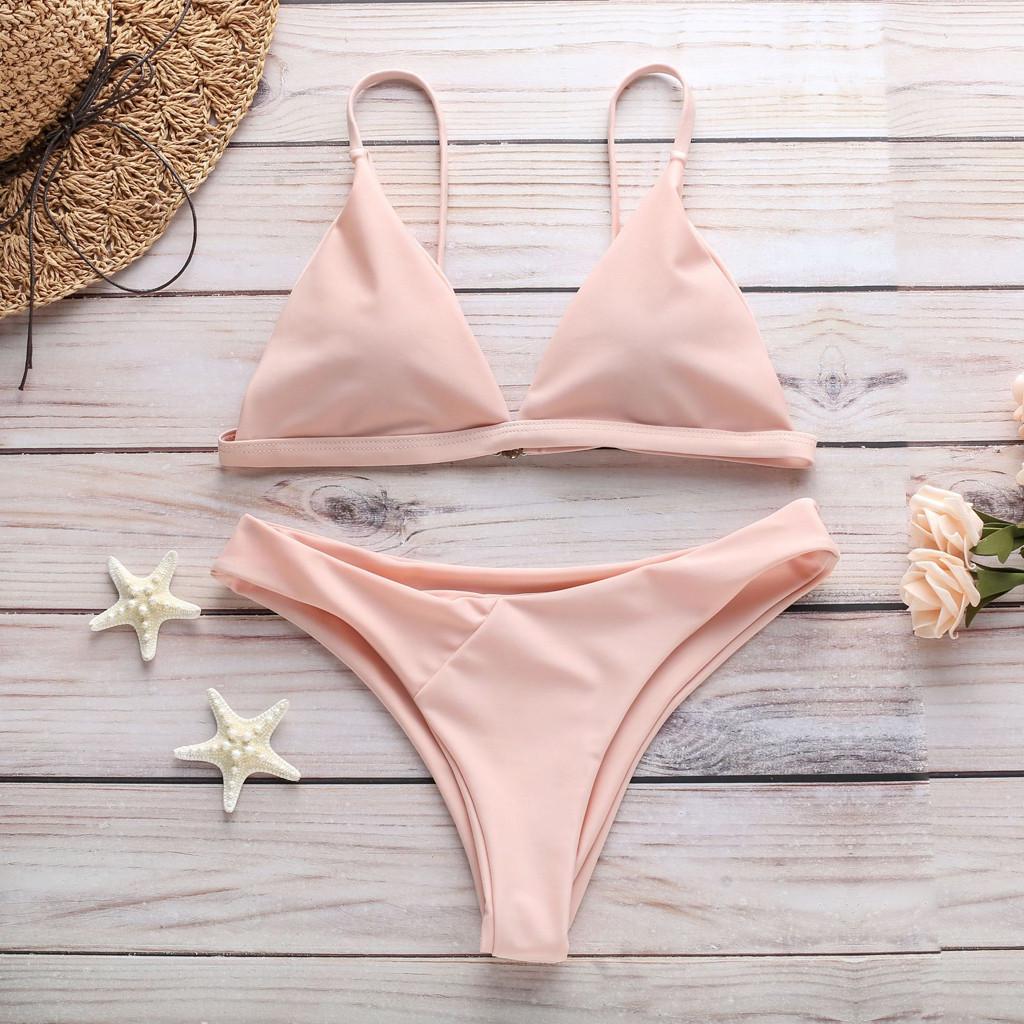 Women Solid Bikini Push-Up Pad Swimwear Bathing   Beachwear Set