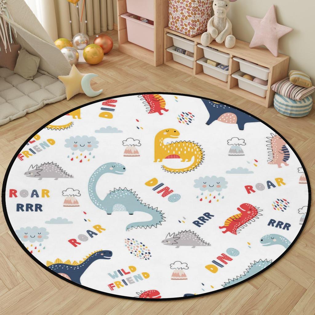 Cartoon Dinosaur Round Carpet Cute Dino Circle Rug for Living Room Playroom Office Laundry Decor Non-slip Comfort Play Yoga Mat