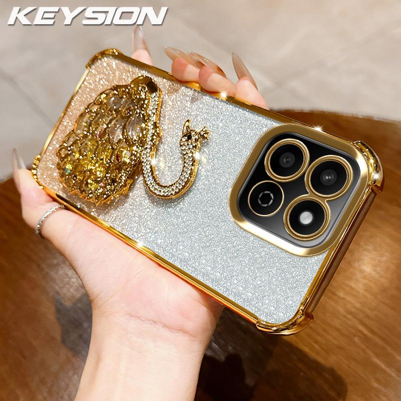 KEYSION Shockproof Plating TPU Phone Case for HONOR X7c Glitter Jewelled Swan kickstand Back Cover for Honor 200 Smart 5G