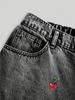 Women's Retro Smoke Gray Distressed Slimming Jeans with Red Cherry Blossom Embroidery