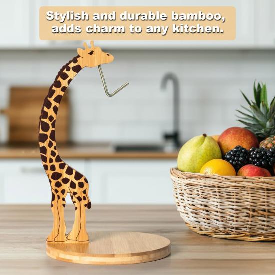 Banana Holder Stand Wood Giraffe with Stainless Steel Hook Giraffe Design Bananas Hanger Fruit Keeper for Kitchen Counter Under Cabinet